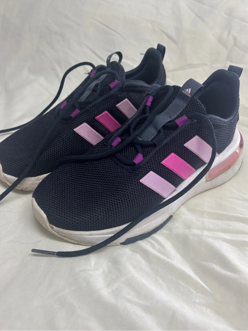 adidas Kids Black Sneakers with Pink Stripe Accents